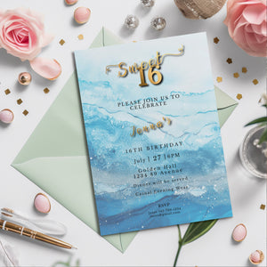 Sweet 16 Invitation Light Blue- blue and silver Glitter-Editable template-Evite-Printable-Blue Sparkles