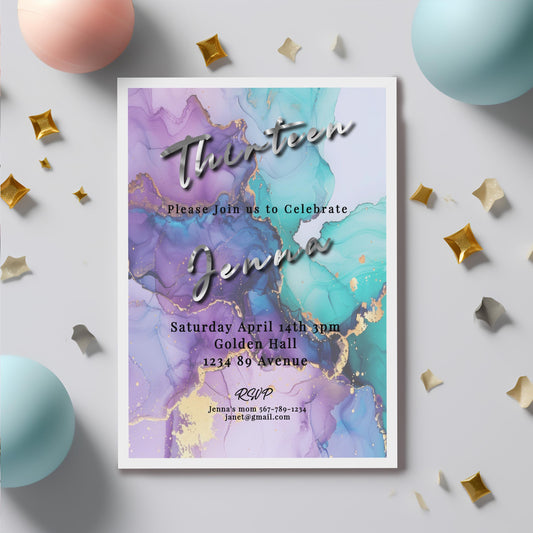 Teal Purple 13th Birthday Invitation Template: Silver Foil (Digital Download)
