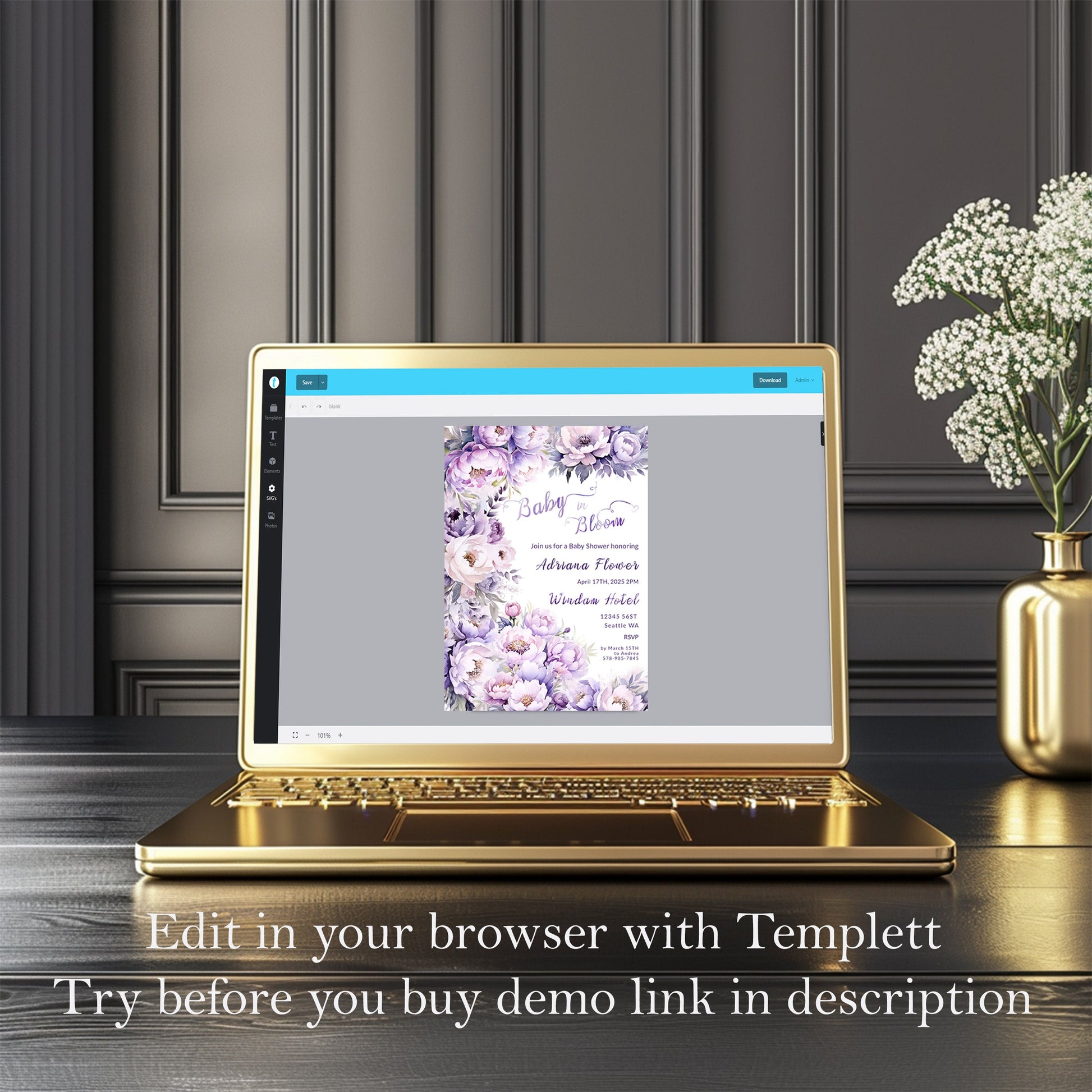 Lavender Floral Baby Shower Invitation: Editable Template (Digital Download)