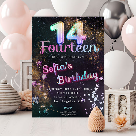 Rainbow Foil 14th Birthday Invitation: Editable Teen Evite (Thank You Tag)