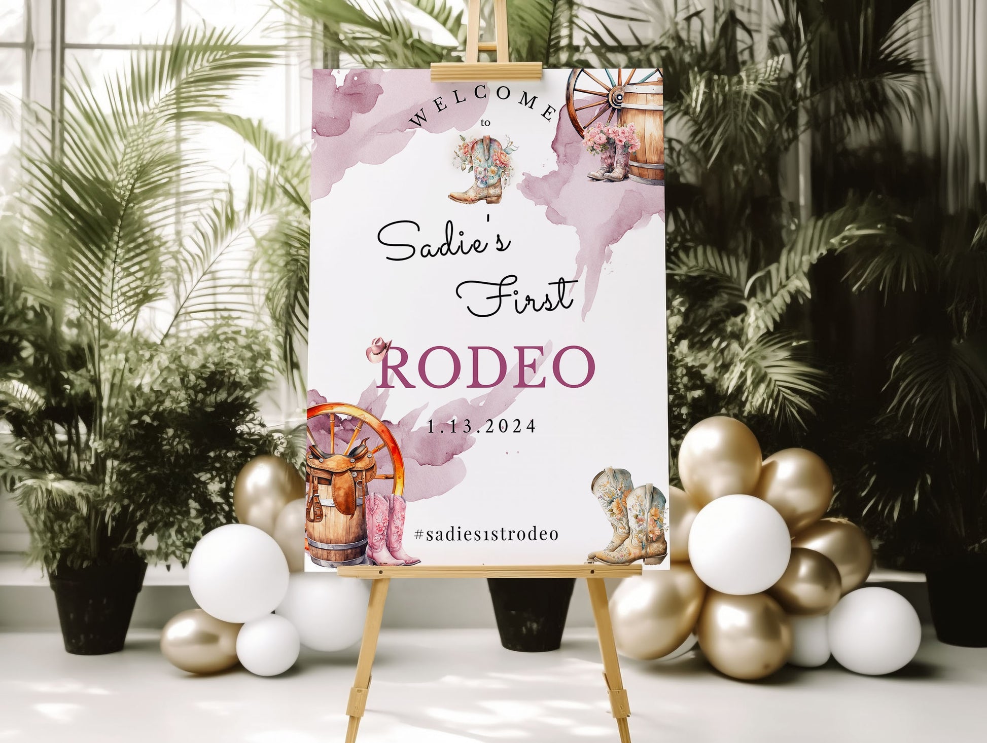 Editable 1st Rodeo Cowgirl Birthday Bundle | Welcome Sign & Milestone Board Templates