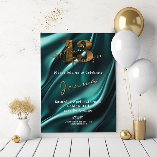 Teal and Gold 13th Birthday Invitation – Editable Teen Birthday Template for Girls
