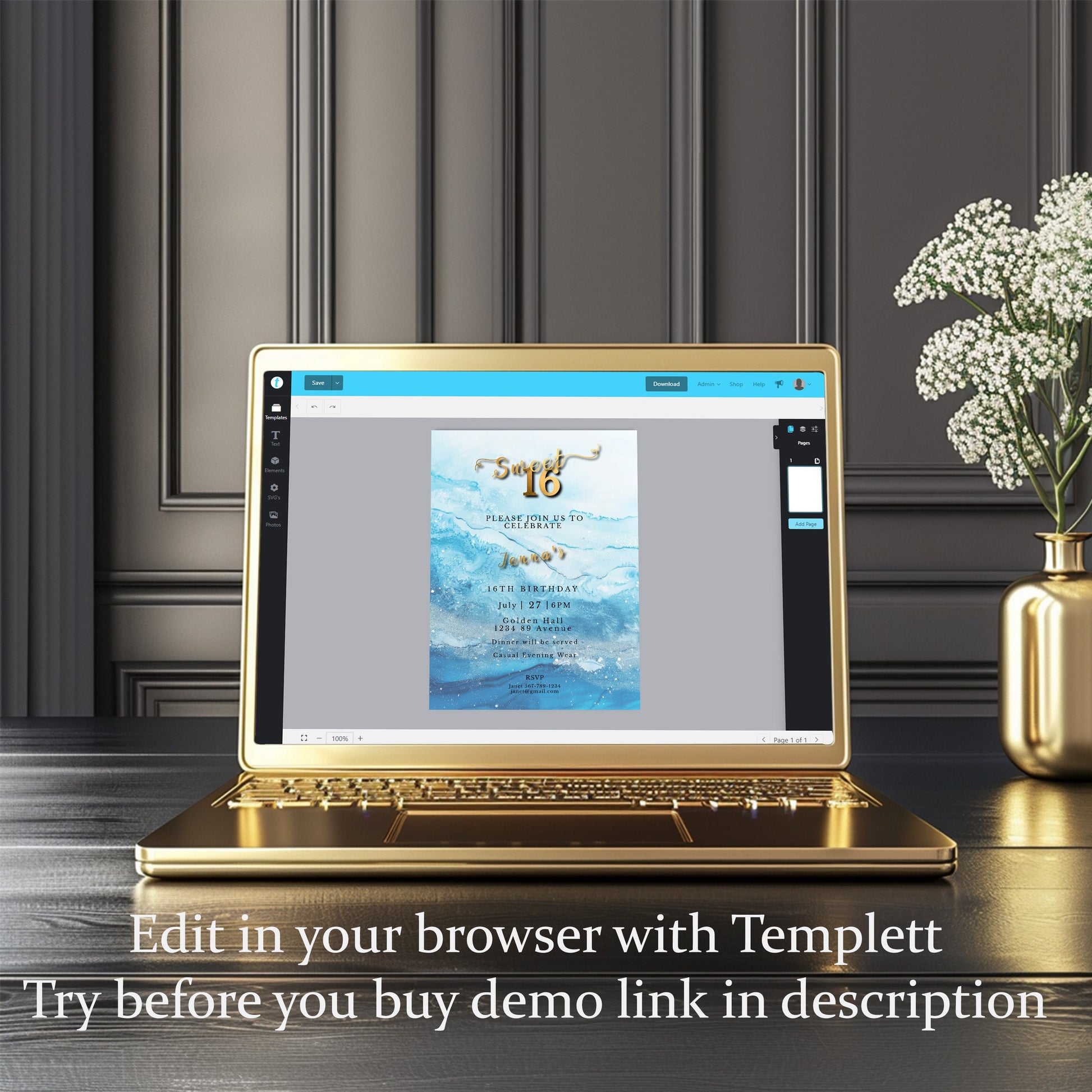 Sweet 16 Invitation Light Blue- blue and silver Glitter-Editable template-Evite-Printable-Blue Sparkles