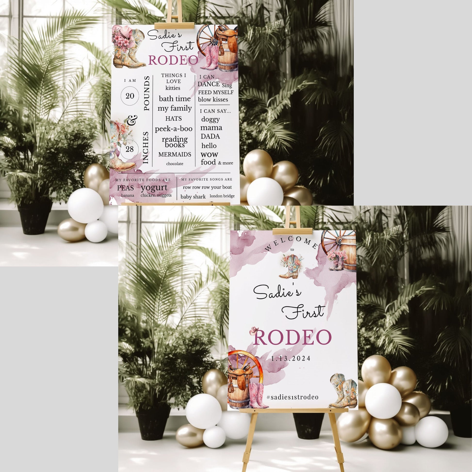 Editable 1st Rodeo Cowgirl Birthday Bundle | Welcome Sign & Milestone Board Templates