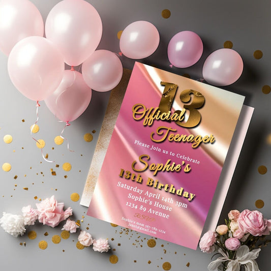 13th Birthday Invitation Template: Pink & Gold Foil (Digital Download)