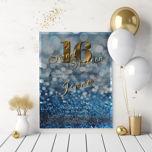 Dark Blue Sweet 16 Invitation – Silver Glitter & Gold Foil Editable Template