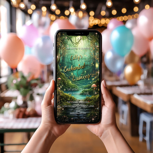 Enchanted Forest Quinceañera Digital Invitation – Emerald Green & Gold Template