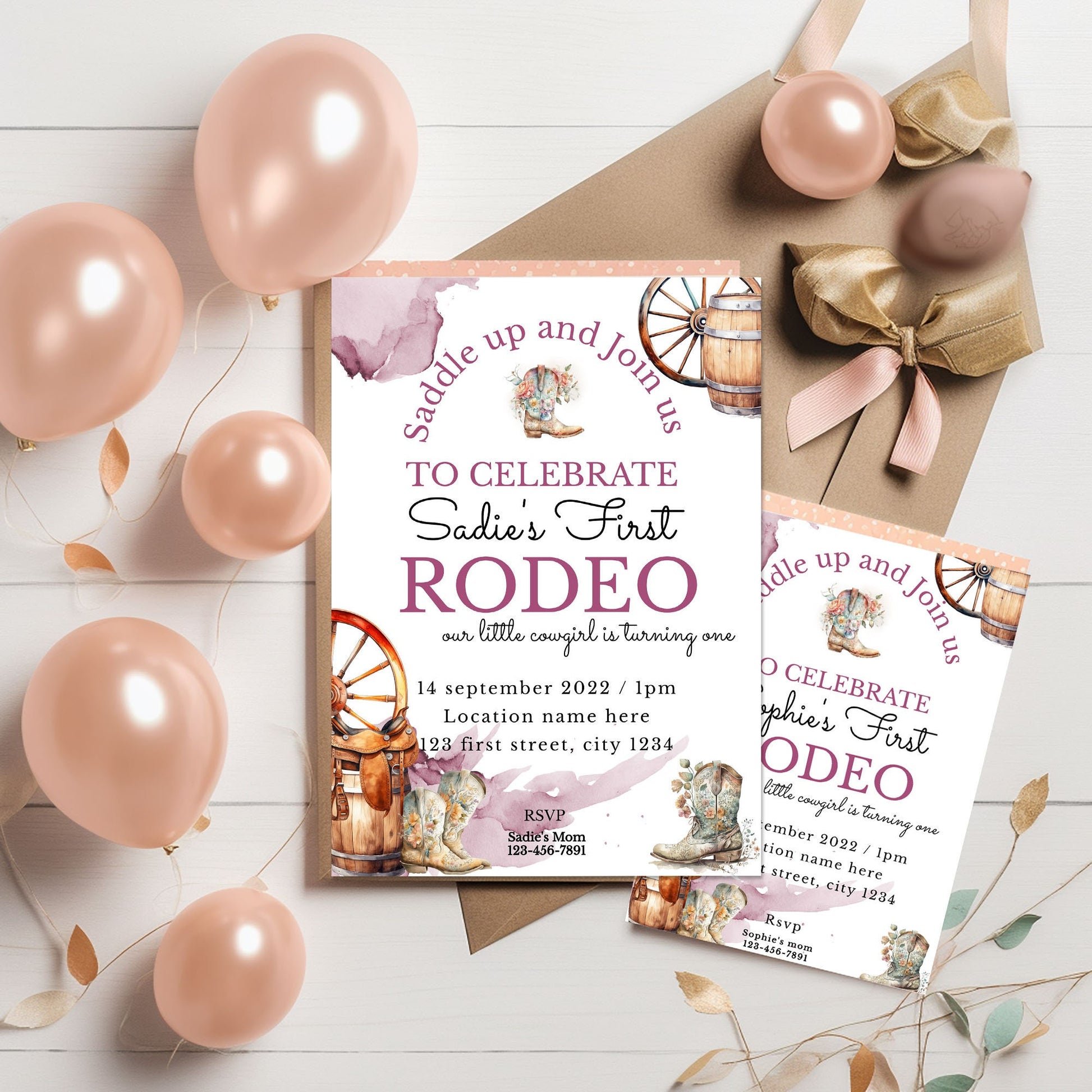 Editable Girl's 1st Rodeo Birthday Invitation Bundle | Western Cowgirl Party Templates