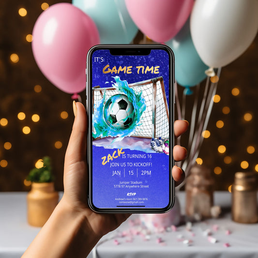 Blue Soccer Birthday Invitation: Mobile Template with Thank You Card