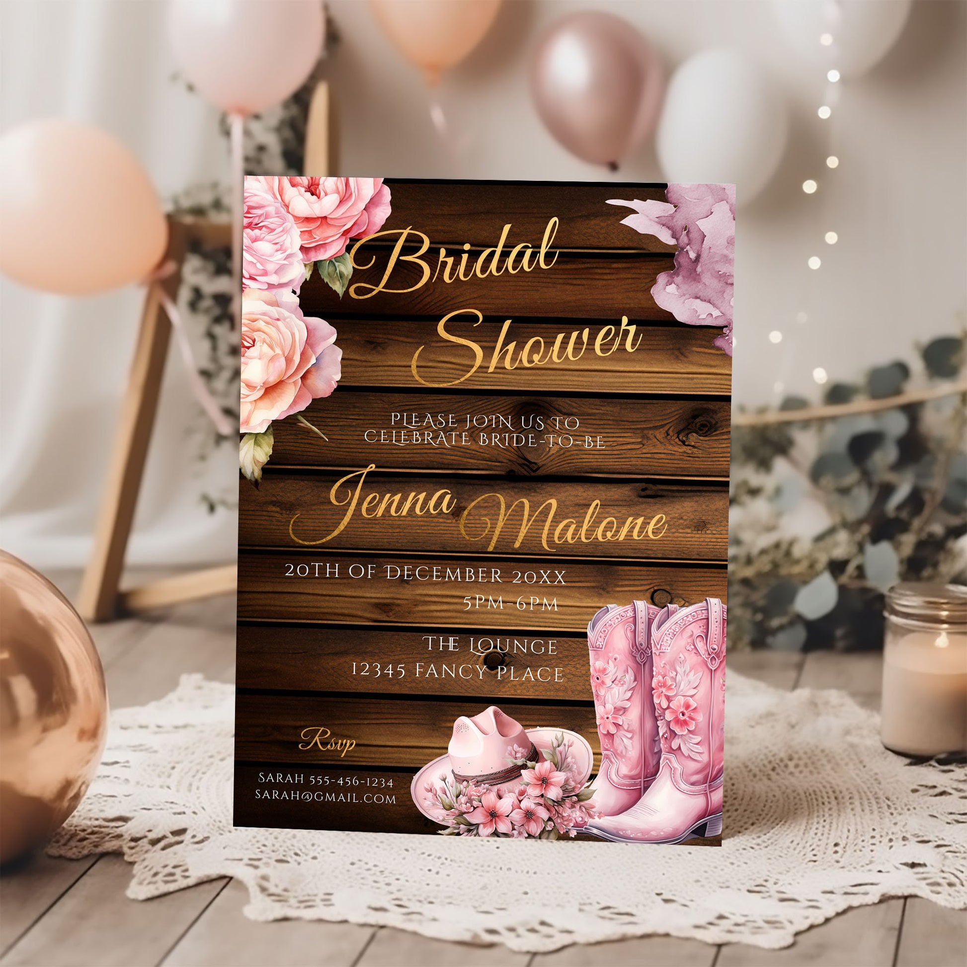 Pink Cowgirl Bridal Shower Invite- Rustic bridal shower-cowboy boots-Template Editable - Gold Lettering, 5x7 Printable