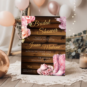 Pink Cowgirl Bridal Shower Invite- Rustic bridal shower-cowboy boots-Template Editable - Gold Lettering, 5x7 Printable