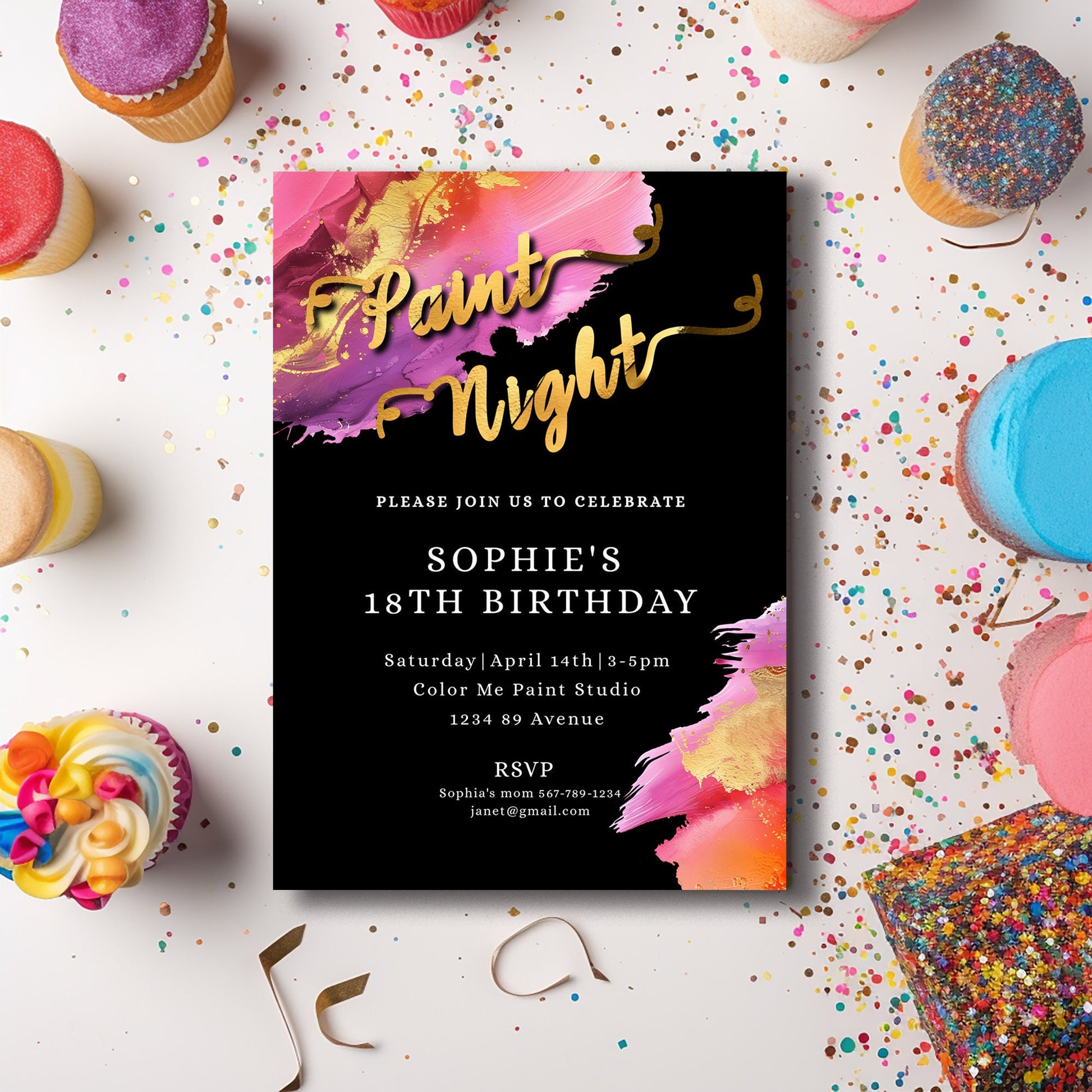 Paint Night Birthday Invitation | Colorful Editable 5x7 Template | Gold Foil Party Evite