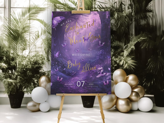 Enchanted Forest Baby Shower Welcome Sign – Purple Butterfly Editable Template