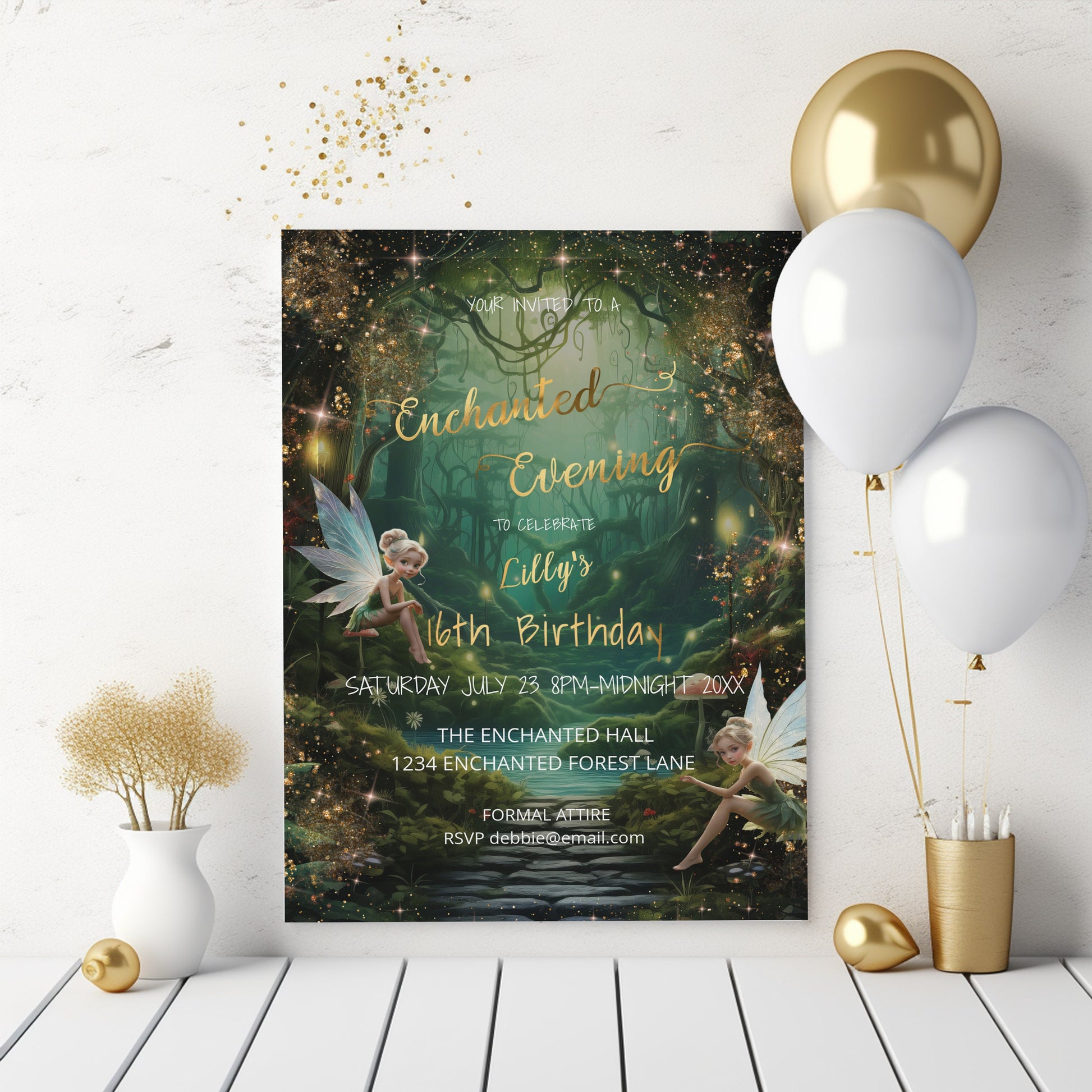Emerald Green Enchanted Forest Sweet 16 Invitation – Fairytale Editable Template