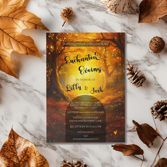 Fall Forest Wedding Invitation – Editable Gold Foil Template | Rustic Autumn Card