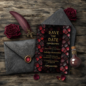 Editable Dragon Quinceañera Save the Date | Red, Black & Gold Fantasy Template (5x7