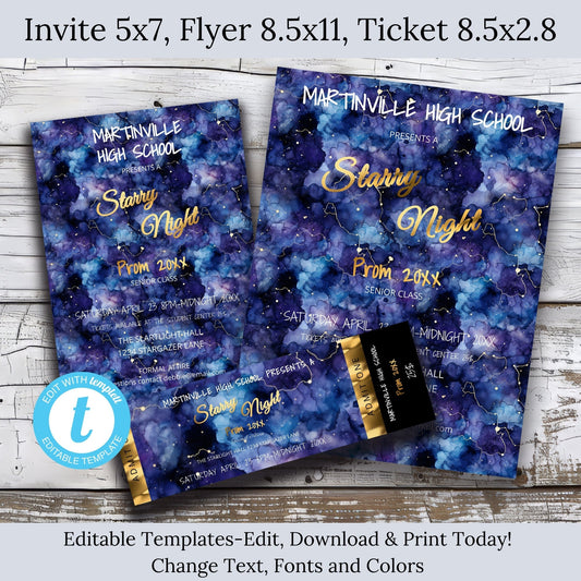 Editable Starry Night Senior Prom Bundle | Invitation, Flyer & Ticket Templates