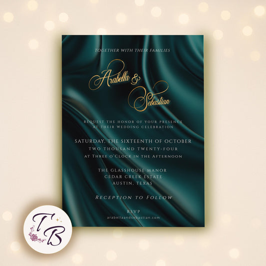 Teal Gold Wedding Invitation - Editable Printable 5x7 Card with Gold Foil Lettering