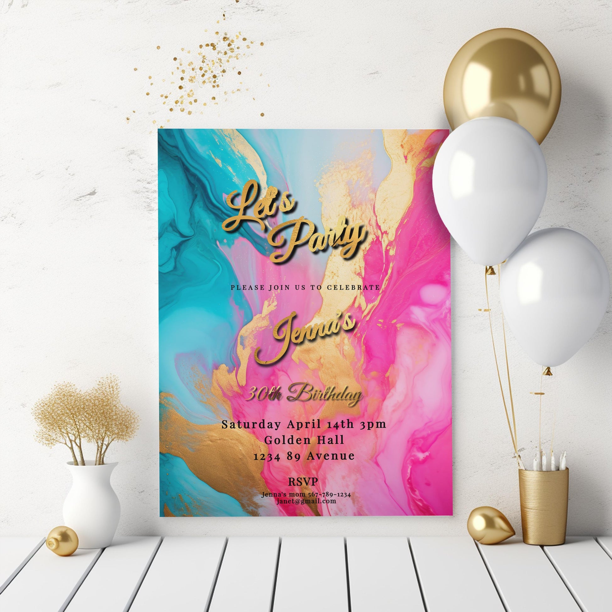 Hot Pink, Teal & Gold Birthday Editable Invitation 5x7in -brunch invite-Editable, Printable - style