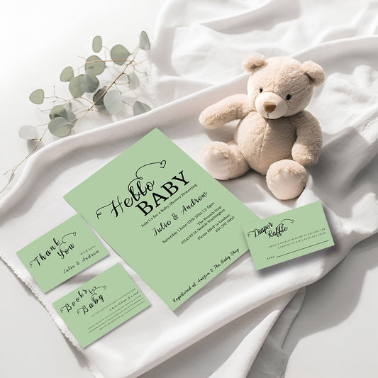 Sage Green Baby Shower Editable Invitation Template - Modern Neutral Digital Bundle