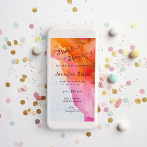 Hot Pink and Orange Bridal Shower Invitation 5x7in -brunch invite-Editable, Printable -Gold- elegant-Alcohol Ink-Mobile