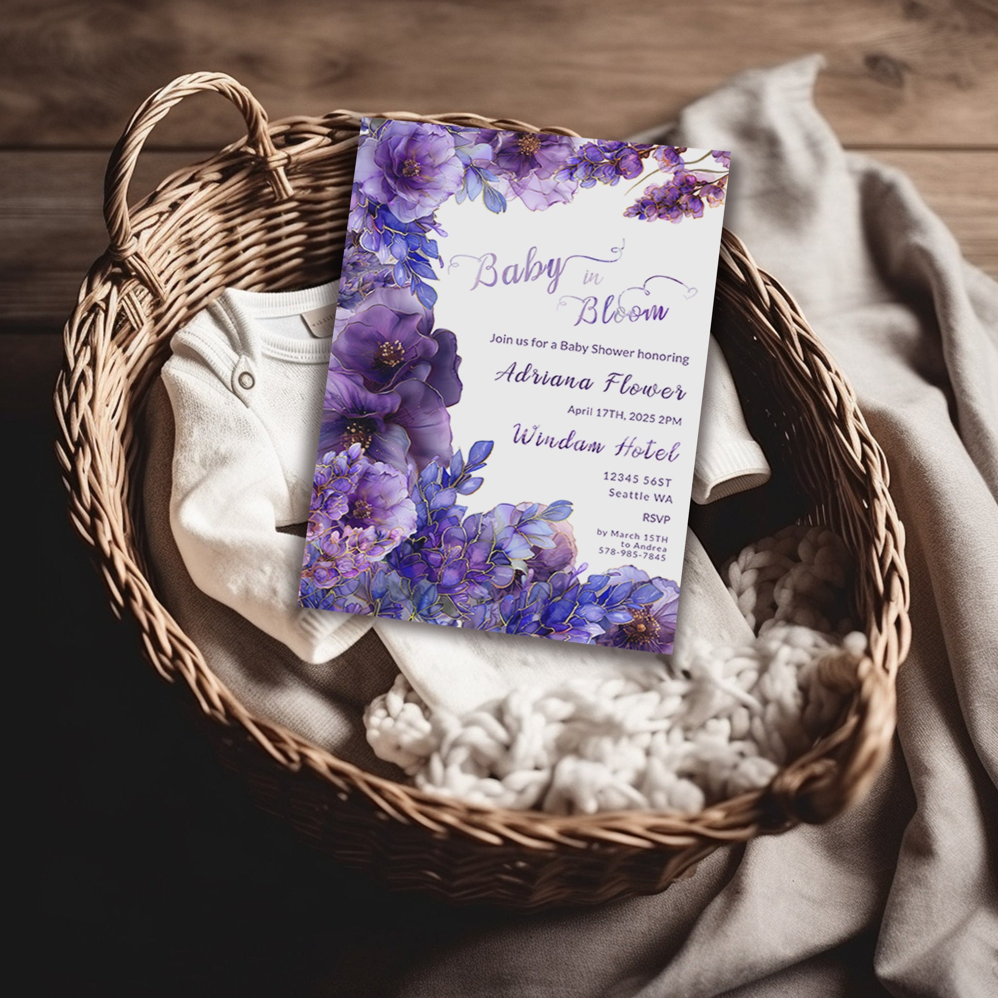 Purple Floral Baby Shower Invitation – Editable Digital Template