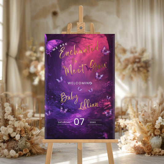 Enchanted Forest Baby Shower Welcome Sign: Purple Butterfly (Editable Template)
