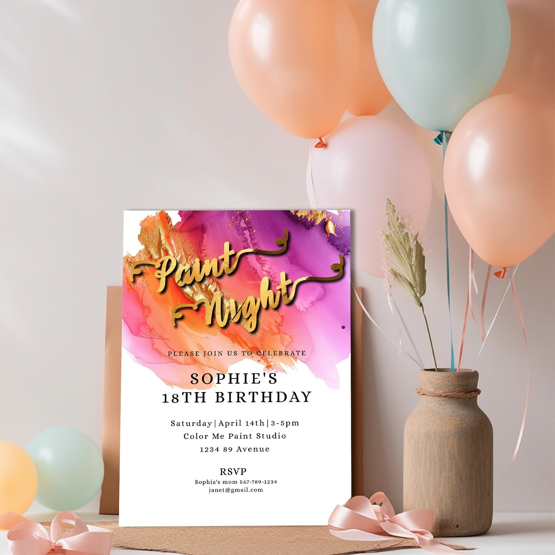 Paint Night Birthday Invitation | Colorful 5x7 Editable Template | Paint & Sip Party Digital Download