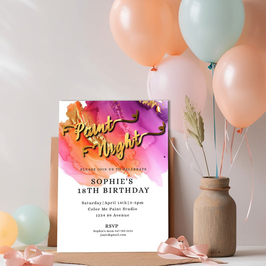 Paint Night Birthday Invitation | Colorful 5x7 Editable Template | Paint & Sip Party Digital Download