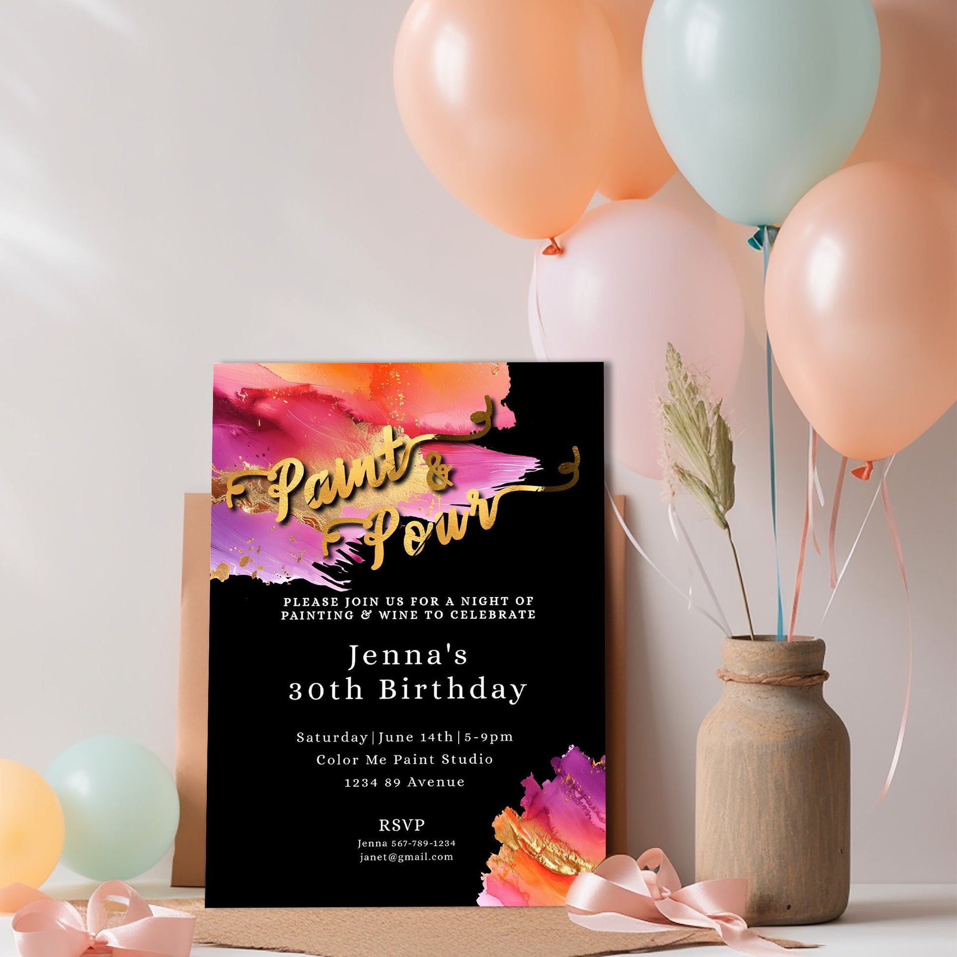 Paint & Pour Birthday Invitation | Editable 5x7 Art Party Template | Gold Foil Evite