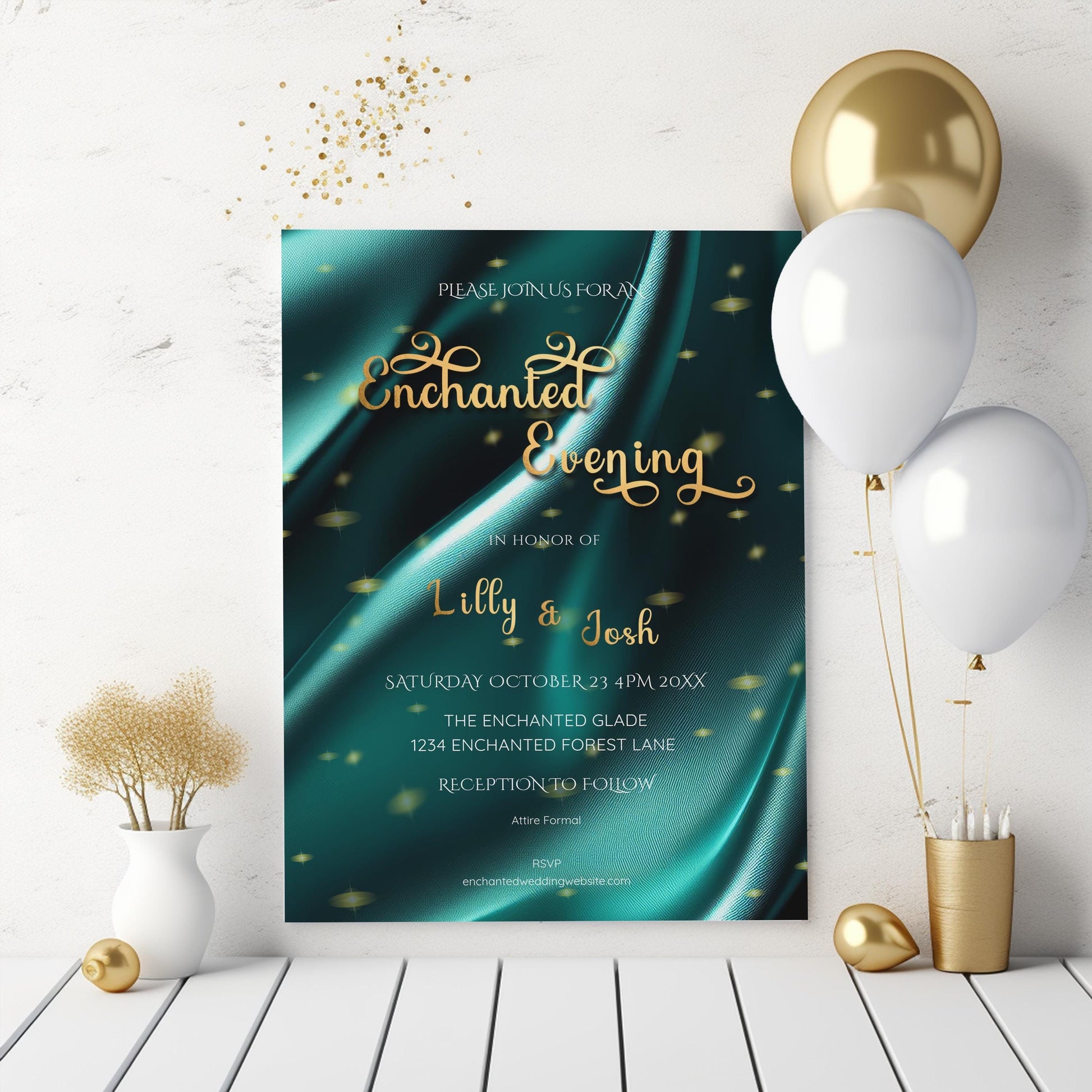 Teal & Gold Wedding Invitation | Elegant 5x7 Editable Template | Digital Download