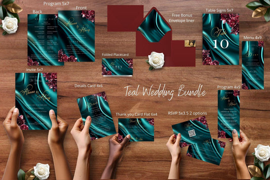 Burgundy & Teal Wedding Invitation Suite | Editable Floral Template Bundle | Printable Wedding Stationery Set