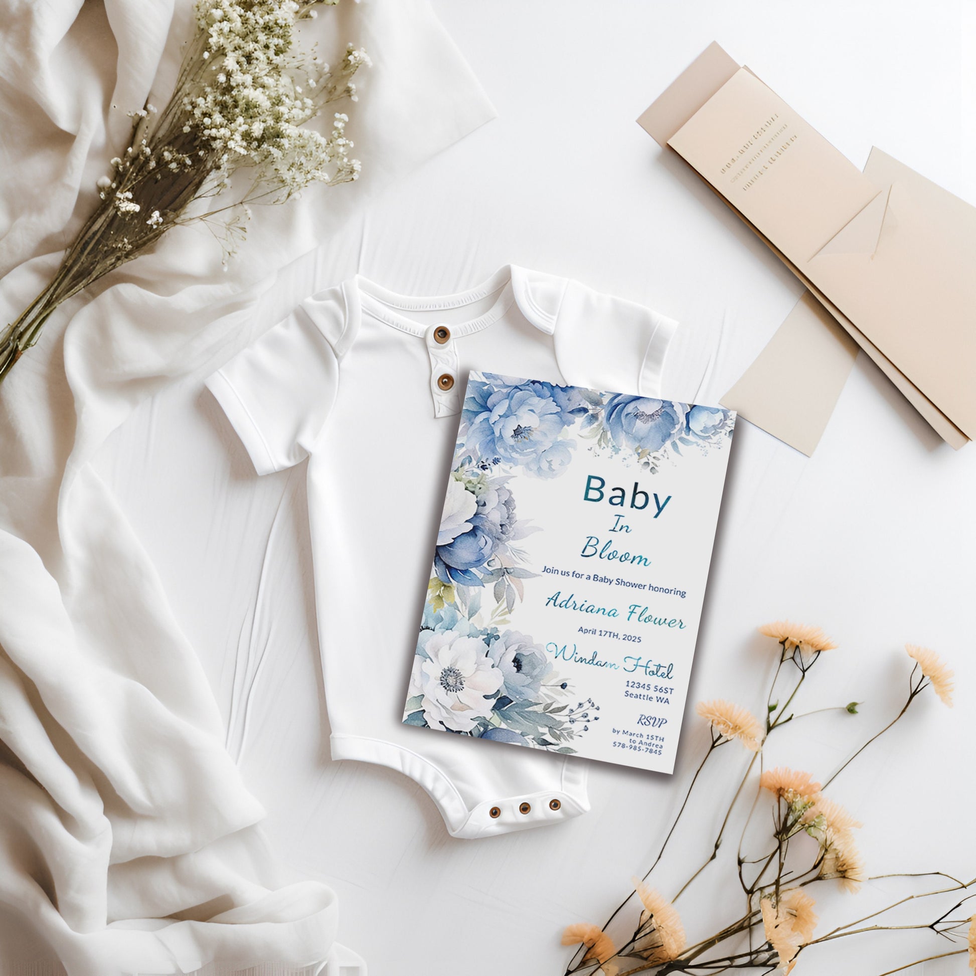 Dusty Blue Floral Baby Shower Invitation | Editable 5x7 Template | Watercolor Digital Download