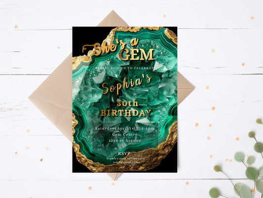 Green & Gold Crystal Birthday Invitation | Geode Editable 5x7 Template | Elegant Digital Download