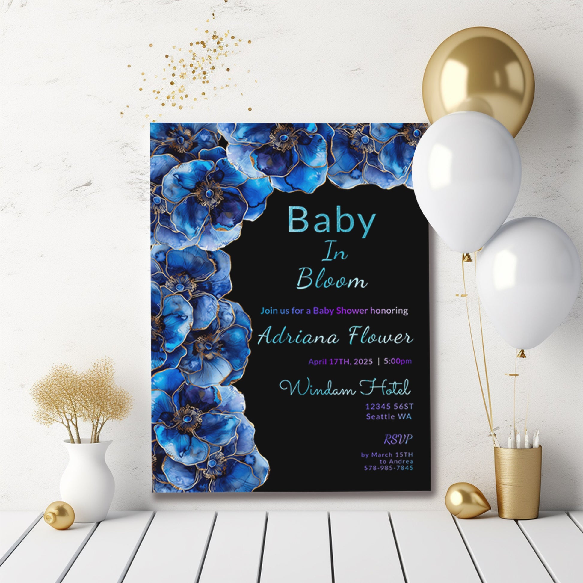Blue Floral Baby Shower Invitation | Alcohol Ink Editable 5x7 Template | Baby in Bloom Digital Download