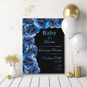 Blue Floral Baby Shower Invitation | Alcohol Ink Editable 5x7 Template | Baby in Bloom Digital Download