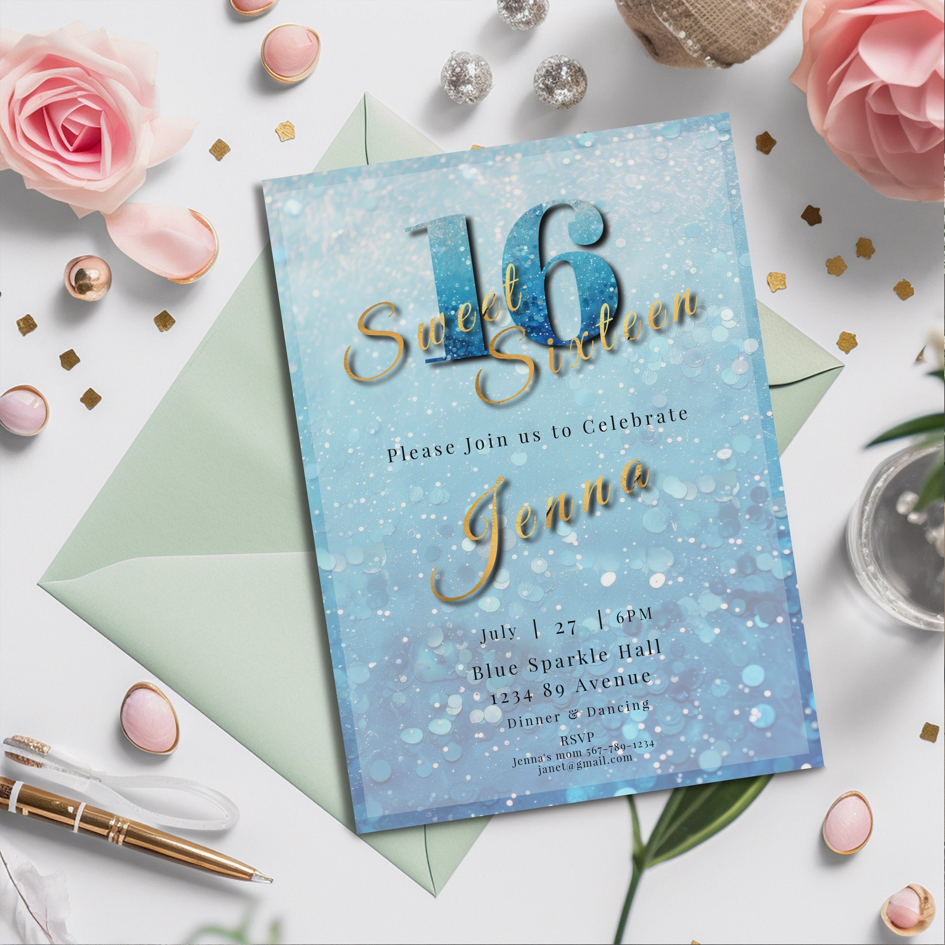 Sweet 16 Invitation Light Blue- blue and silver Glitter-Editable template-Evite-Printable-Blue Sparkles
