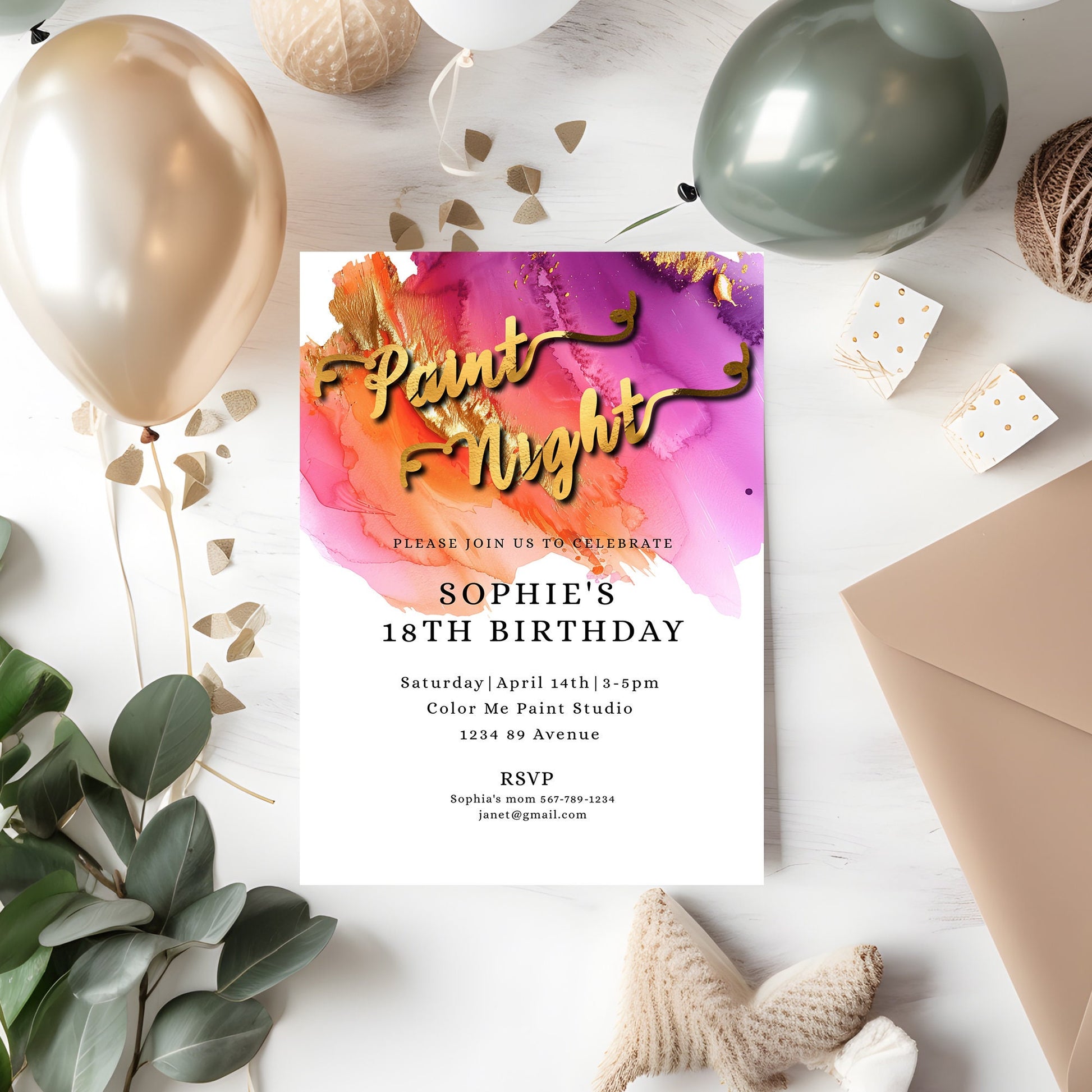Paint Night Birthday Invitation | Colorful 5x7 Editable Template | Paint & Sip Party Digital Download