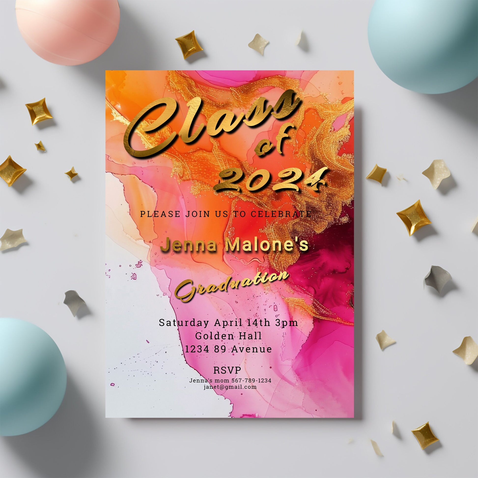Hot Pink Graduation Invitation – Editable 5x7 Inch Gold Foil Lettering Invite