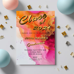 Hot Pink Graduation Invitation – Editable 5x7 Inch Gold Foil Lettering Invite