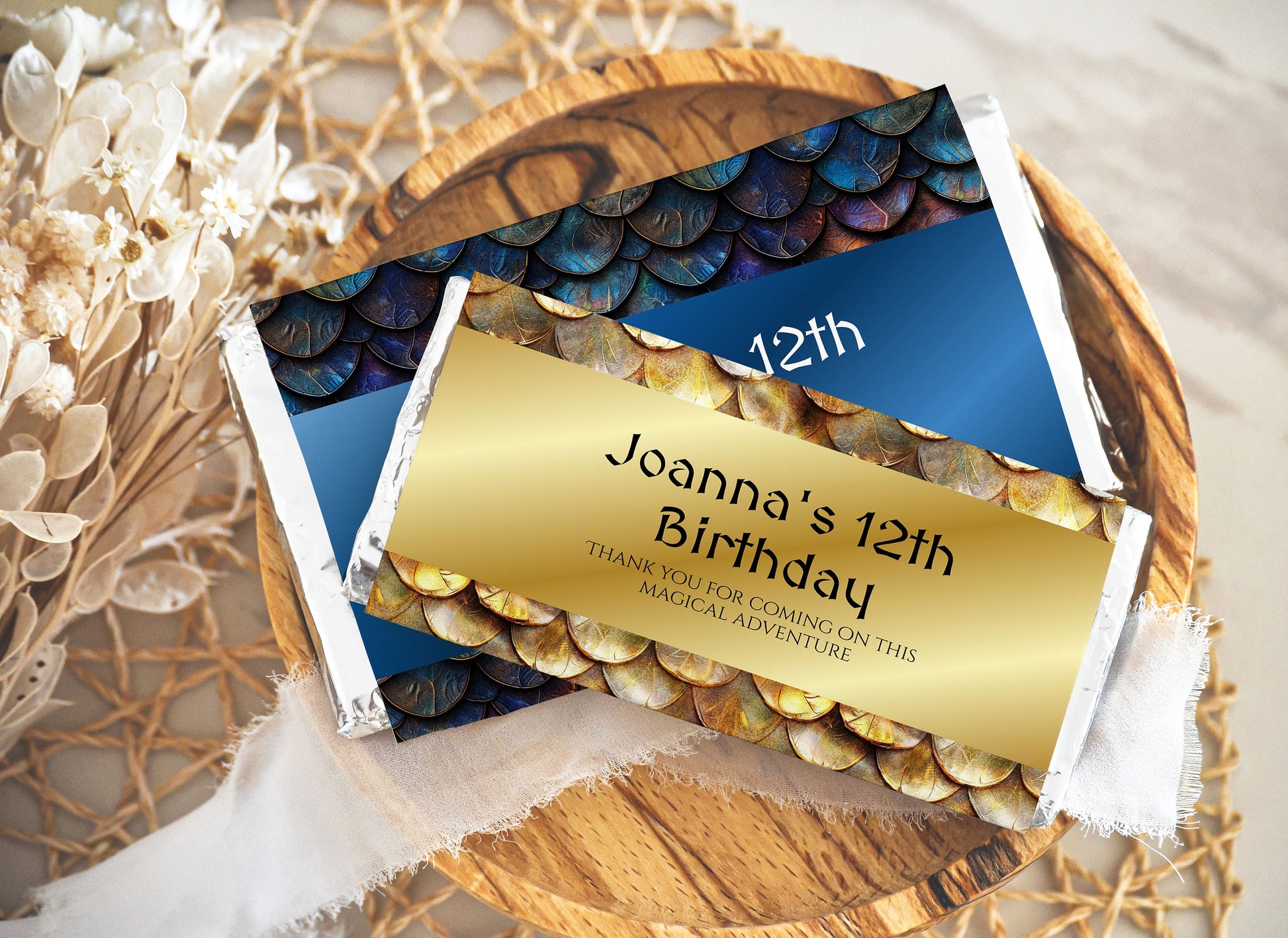 Dragon Scales Chocolate Wrapper – Editable Party Favor Template | Gold Design