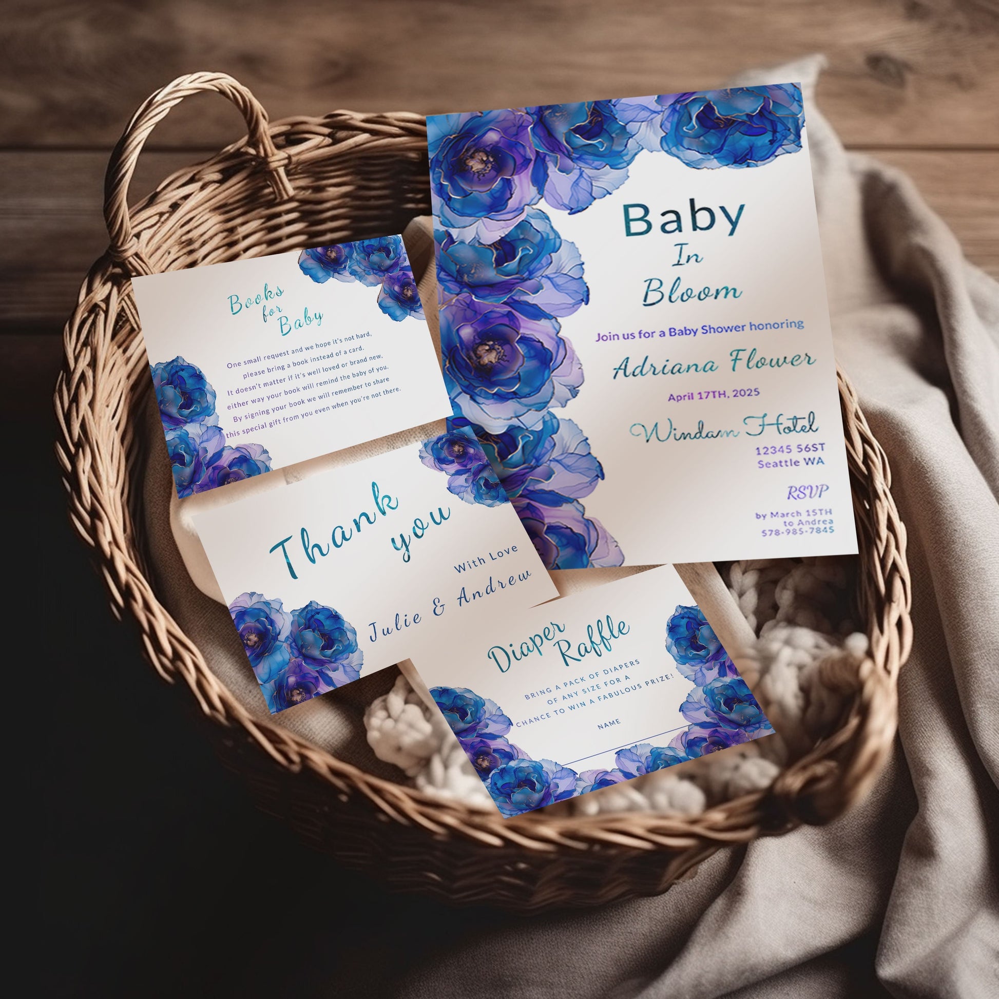 Blue Baby in Bloom Shower Bundle | Editable Invitations, Signs & Cards | Alcohol Ink Templates
