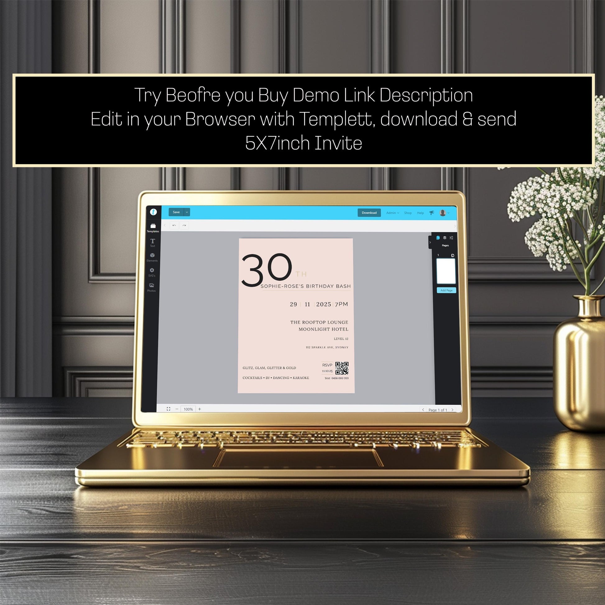 Blush & Gold 30th Birthday Invitation – Elegant Milestone Editable Template