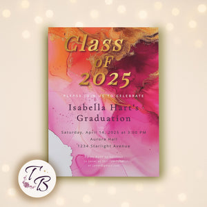 Hot Pink Graduation Invitation | Editable 5x7 Template with Gold Foil & Photo Option