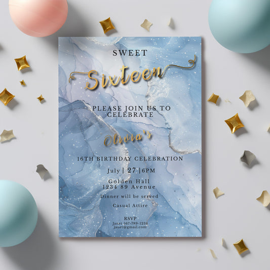 Sweet 16 Invitation Light Blue- blue and silver Glitter-Editable template-Evite-Printable-Blue Sparkles