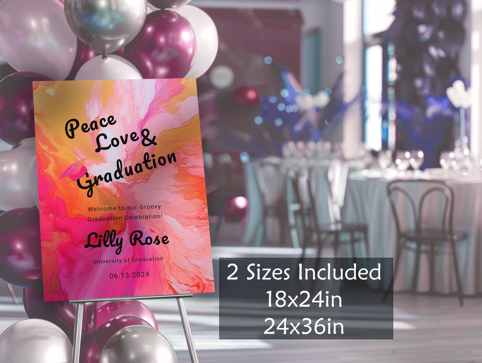 Groovy Retro Graduation Welcome Sign: Hot Pink & Orange Poster (Editable)