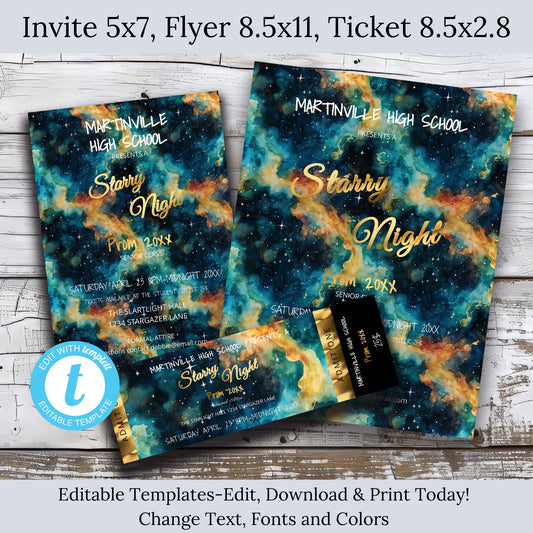 Starry Night Prom Invitation Flyer & Ticket Bundle Template | Editable Luxury Event Stationery Set | Instant Digital Download