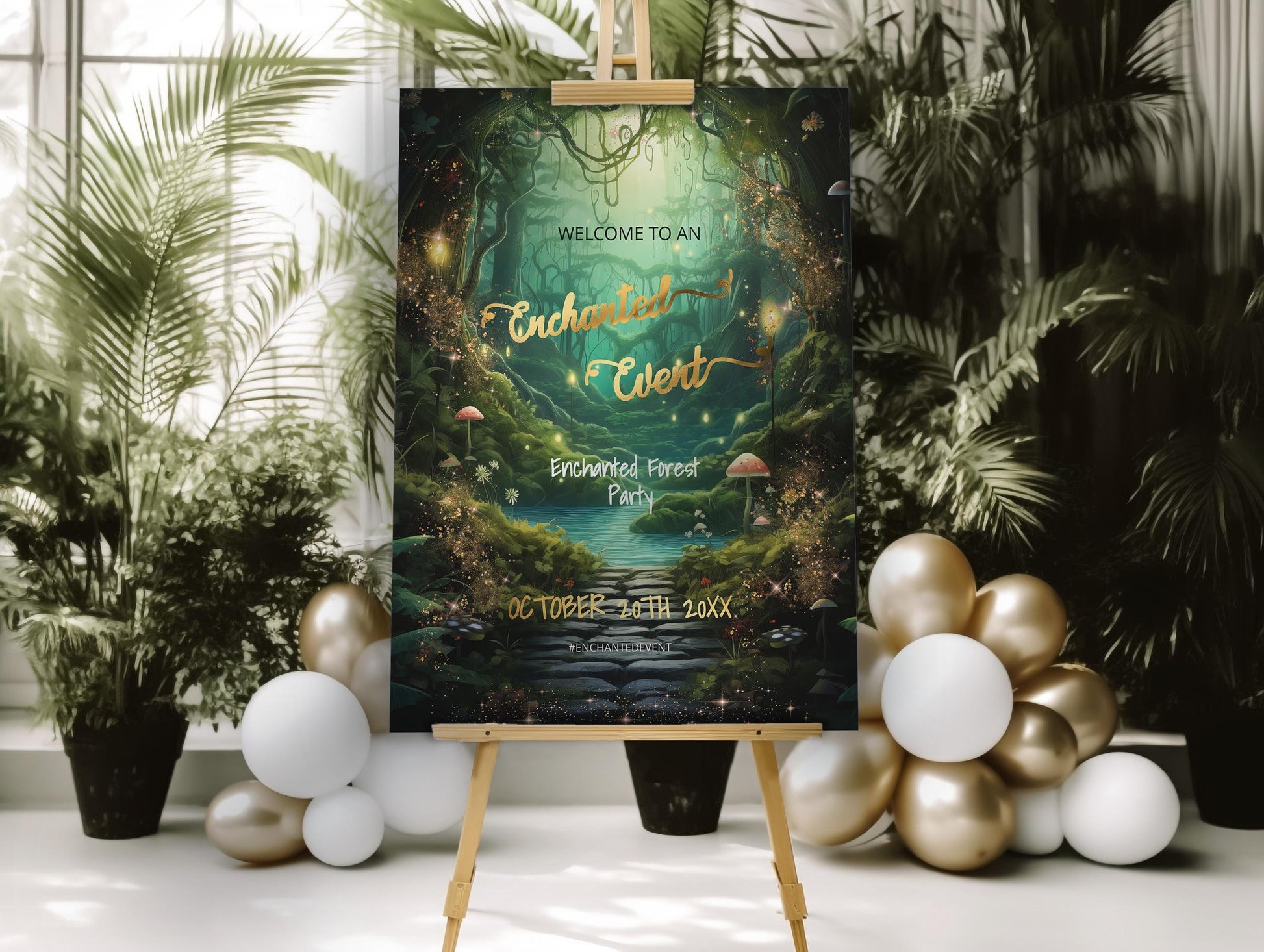 Enchanted Forest Welcome Sign Bundle Template | Editable Digital Party Decor & Poster Set | Fantasy Lux Instant Download