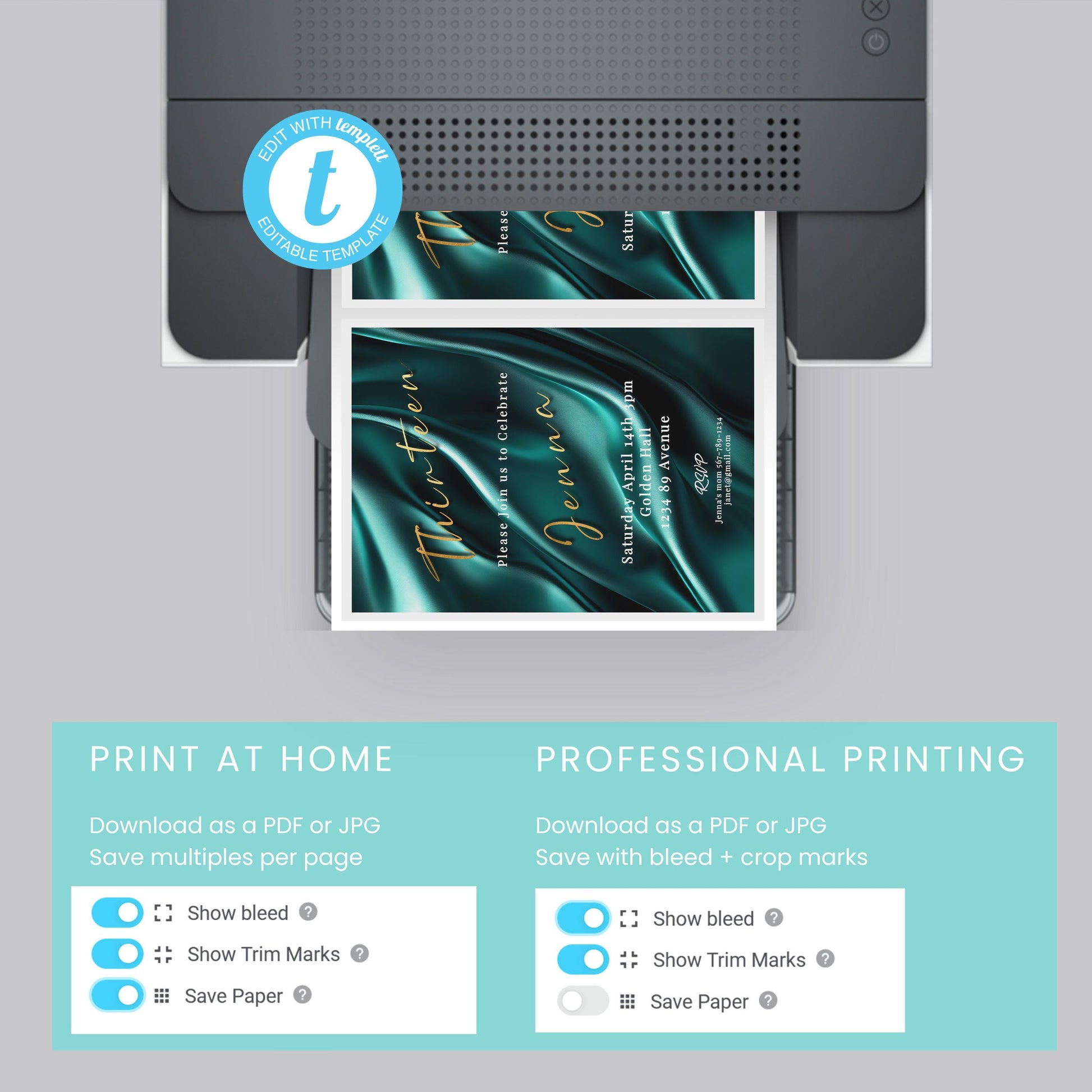 13th Birthday invitation girl teal-Invite Template - Official teenager-editable Digital Download, Teal and Gold-Teen Birthday