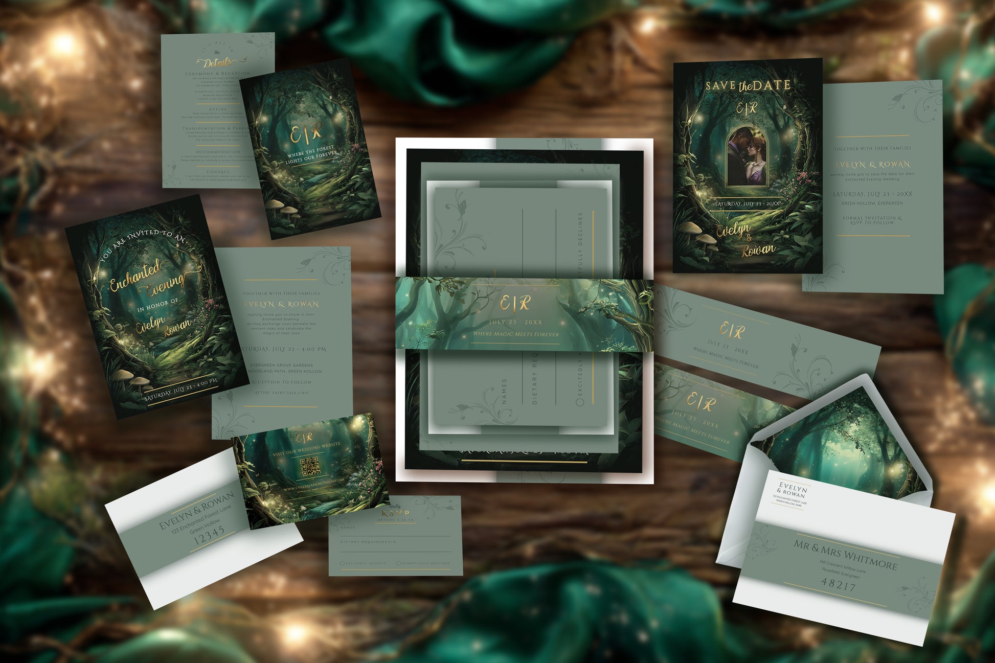 Enchanted Forest Wedding Invitation – Luxury Editable Template Bundle | Digital Suite